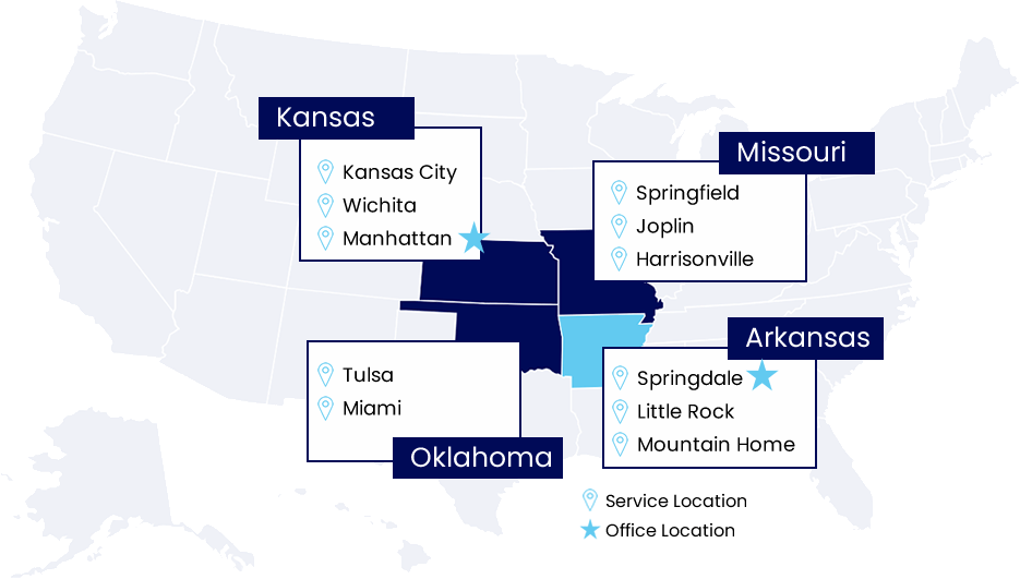 Map showing service locations in KS, MO, OK, AR